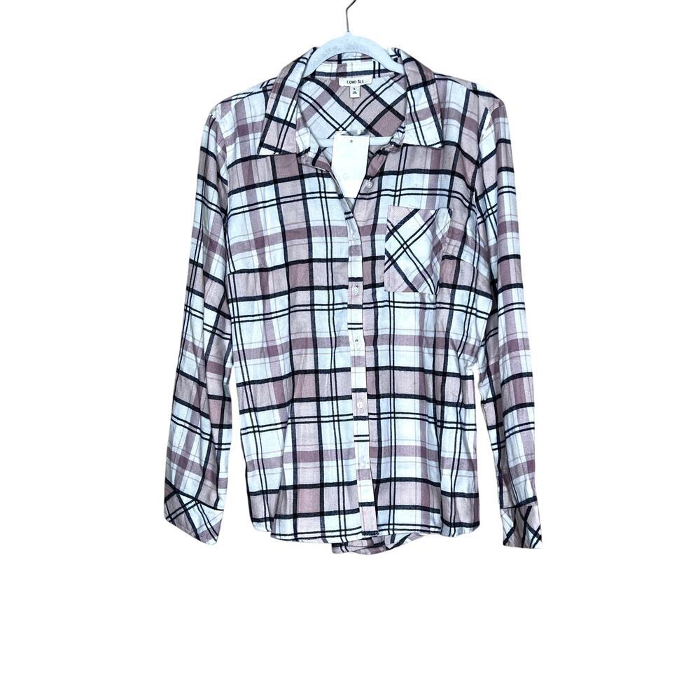 Como Blu women's size L shirt flannel pink plaid button-up peplum back cozycore